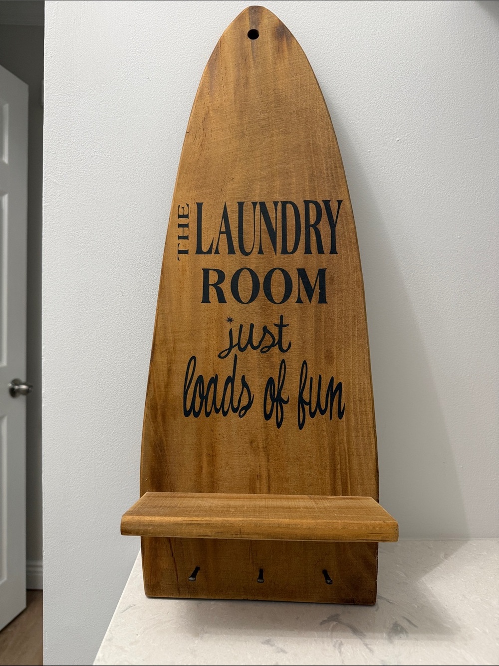 Laundry Room Wall Shelf Sign - Brown Wood with Black Text